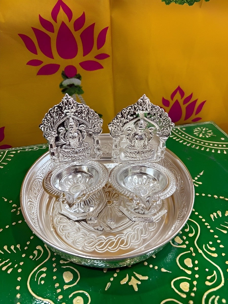 german silver plate with 2 lakshmi diya for diwali pooja